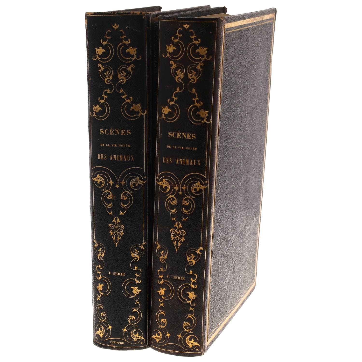 GRANDVILLE (J.-J.).
Scènes de la Vie Privée et Publique des Animaux. Etudes de Moeurs contemporaines publiées sous la direction de P.-J. Stahl avec la collaboration de Balzac, L. Baude, E. de La Bédollière, P. Bernard, J. Janin, Ed. Lemoine, Charles Nodier, George Sand. Paris, Hetzel et Paulin, 1842. 2 volumes grand in-8, plats en cartonnage chocolat à coins dos lisse orné d’un décor romantique de fleurs et d’arabesques. Une reliure défaite