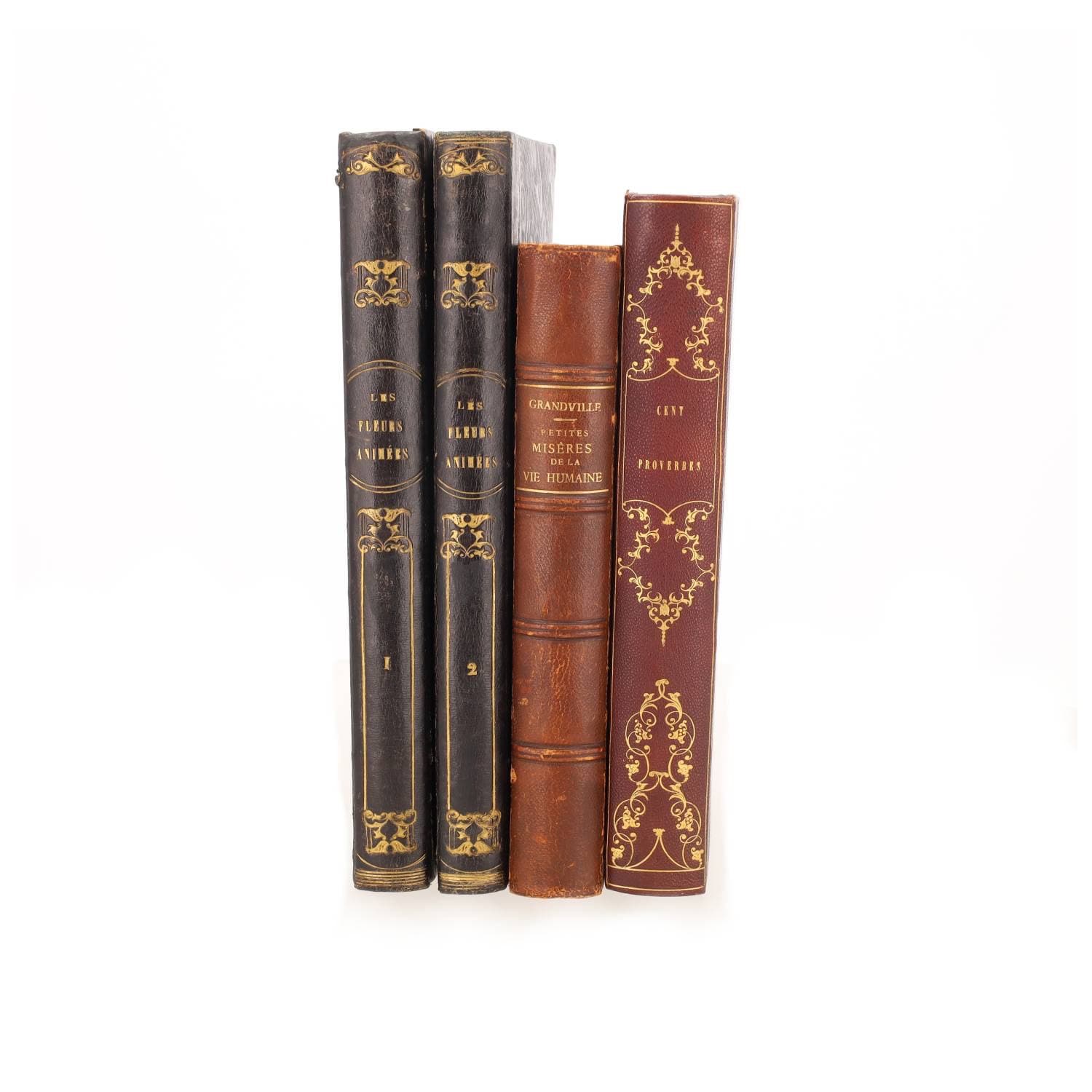 GRANDVILLE (J.-J.).
Ensemble de quatre volumes
- GRANDVILLE : Un autre monde ; Paris, Fournier, 1844 ; 1 vol in 8, reliure demi-maroquin à coins rouge d’époque signée Raparlier. Bel exemplaire
- GRANDVILLE J.J. Textes par Alphonse KARR, Taxile DELORD et le Conte FELIX. Les fleurs animées. Paris, Gabriel de Gonet, 1847. Deux volumes in-4 illustrés de planches de lithographies en couleur. Demi-Reliure d’époque
- GRANDVILLE J.J., Cent Proverbes, Paris, H. Fournier, 1845 ; grand in-8, demi-reliure à coins
- Old Nick "Grandville petites misères de la vie humaine "Fournier 1843, demi chagrin brun