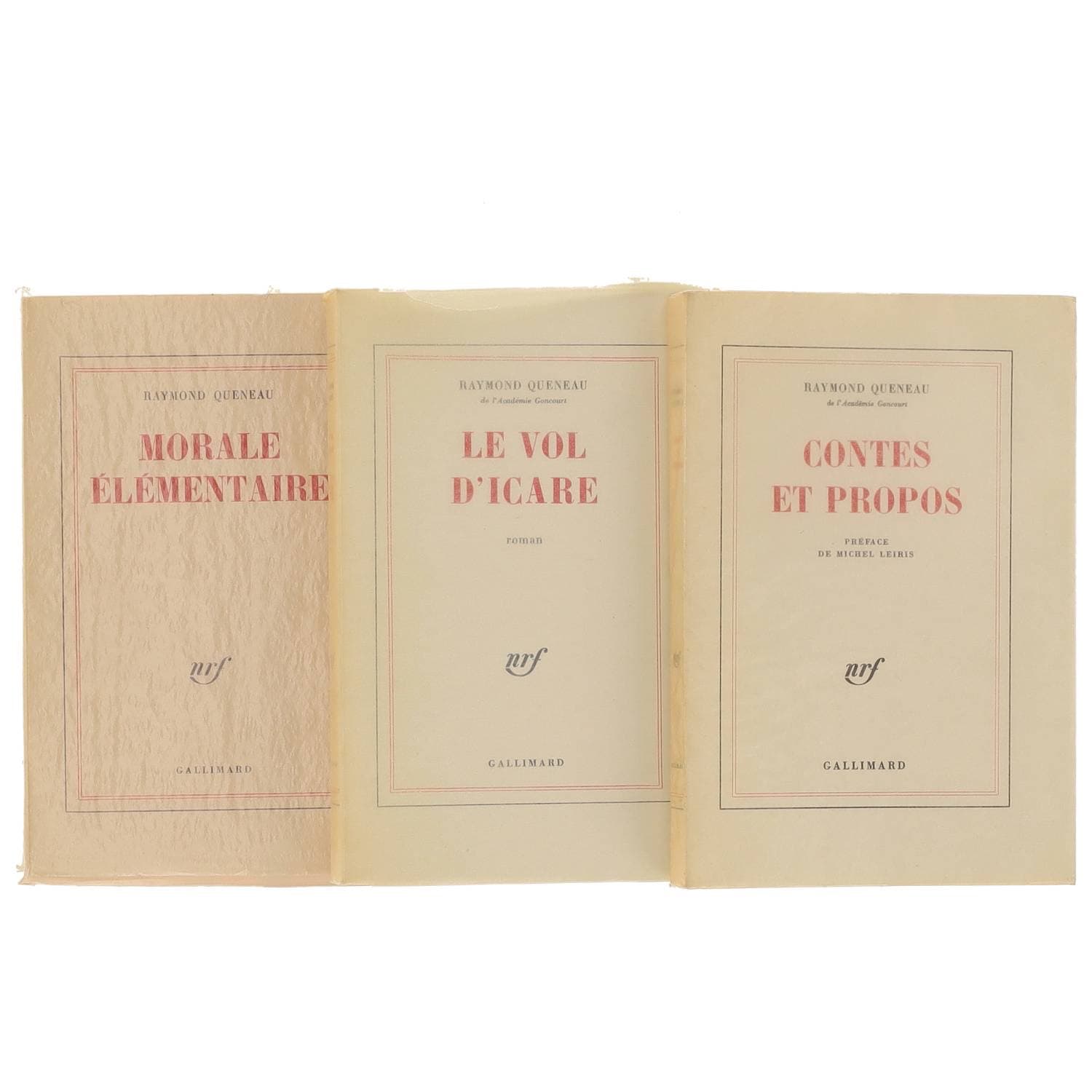 QUENEAU Raymond
Ensemble de trois volumes :
- Morale élémentaire, Paris, Gallimard, 1975. In-8, broché
Edition originale, un des 38 exemplaire du tirage de tête sur vergé de Hollande (n°22)
- Le vol d’Icare, Paris, Gallimard, 1968. In-8, broché
Edition originale, un des 160 exemplaires sur vélin pur fil, deuxième papier
- Contes et propos. Préface de Michel Leiris. Paris, Gallimard, 1981. In-8, broché.
Edition originale, un des 28 exemplaires sur vélin pur fil, seul grand papier
