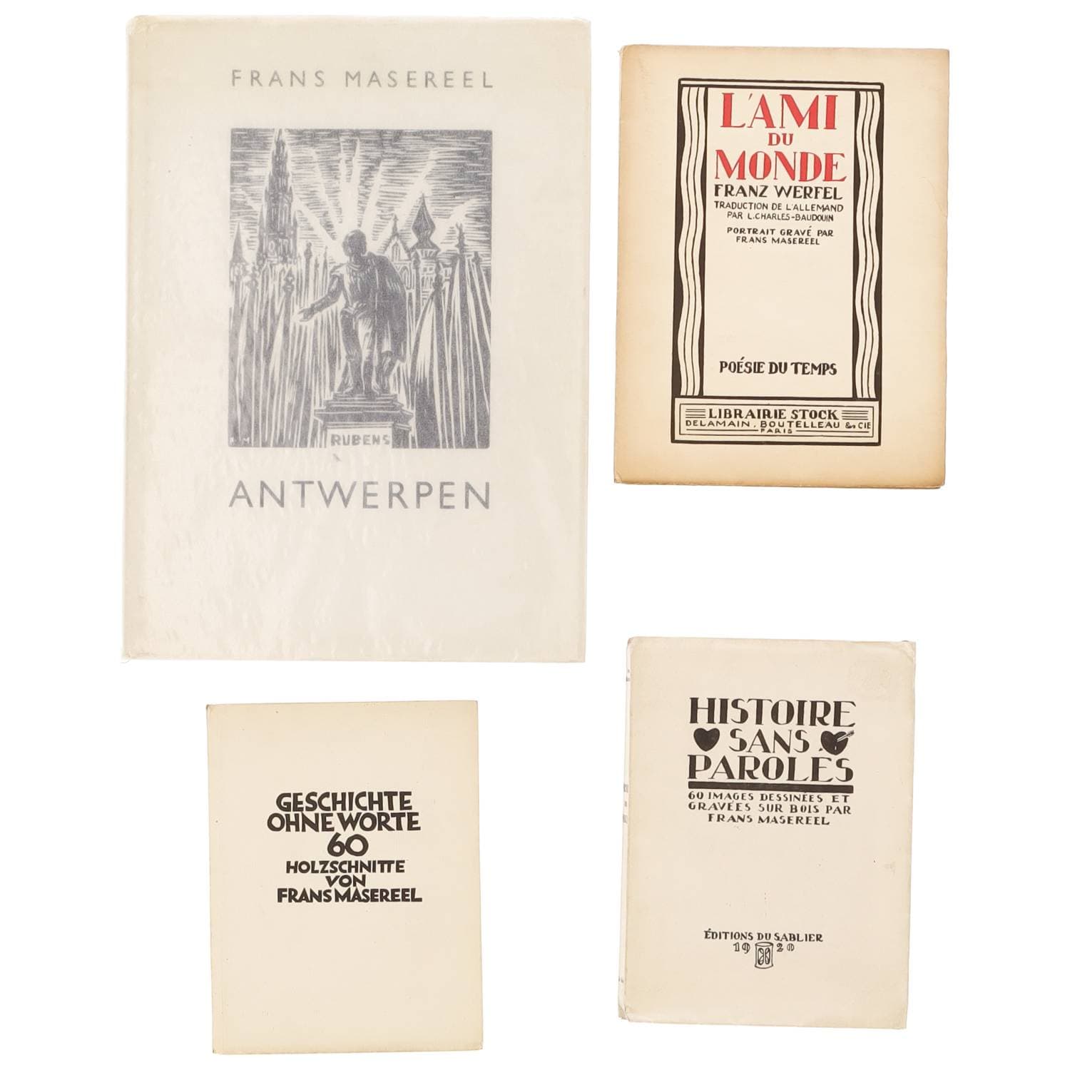 MASEREEL Frans
Réunion de deux ouvrages
- Histoire sans paroles, Genève, Editions du sablier, 1920. In-12 broché, exemplaire sur Ingres d’arches numéroté
- Geschichte ohne Worte, Munich, 1927. In-12 cartonnage, sans justificatif de tirage
ON Y JOINT DEUX AUTRES LIVRES
- Masereel, Antwerpen (1968)
- L’Ami du Monde, librairie Stock Delamain, Paris, 1924. In-12 broché