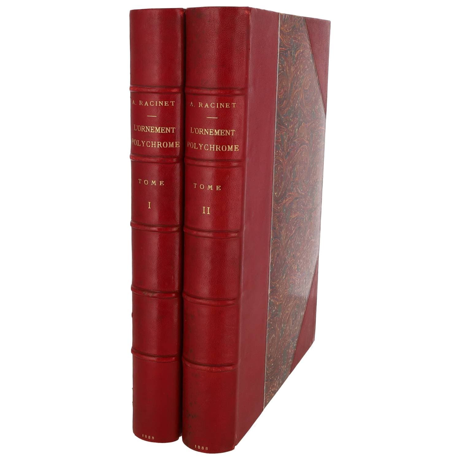 RACINET (Albert Charles Auguste).
L'Ornement Polychrome. Cent planches en couleurs, or et argent, contenant environ 2 000 motifs de tous les styles... Recueil historique et pratique publié avec des notes explicatives et une introduction générale - L'ornement polychrome. Deuxième série, cent vingt planches en couleur or et argent, art ancien et asiatique, Moyen Age, Renaissance, XVIIe, XVIIIe et XIXe siècles. Paris, Firmin-Didot, 1888. 2 vol. in-folio, demi-maroquin rouge, dos à nerfs., planches chromolithographiées. Superbe iconographie documentaire en belle condition. (porcelaines, tapisseries, émaux, soieries, joaillerie, cuirs dorés, motifs de reliure, enluminures de manuscrits, vitraux, bijoux, meubles, etc.)