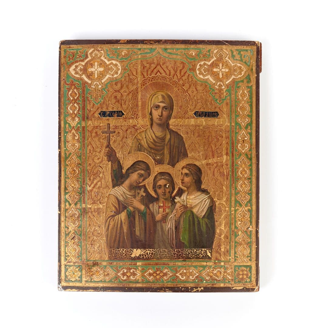 Icône de Sainte Sophie, martyre à Rome durant le règne de l'empereur Trajan, surmontant ses trois filles, Sainte Vera, Sainte Liubov et Sainte Nadège.