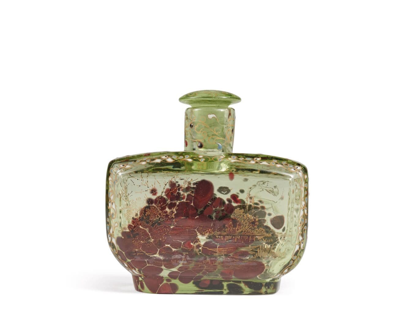 Emile GALLÉ (1846 - 1904) - Flacon en verre teinté, verre et émaux polychromes, rehaussé d'or. Décor de volutes et de rinceaux.